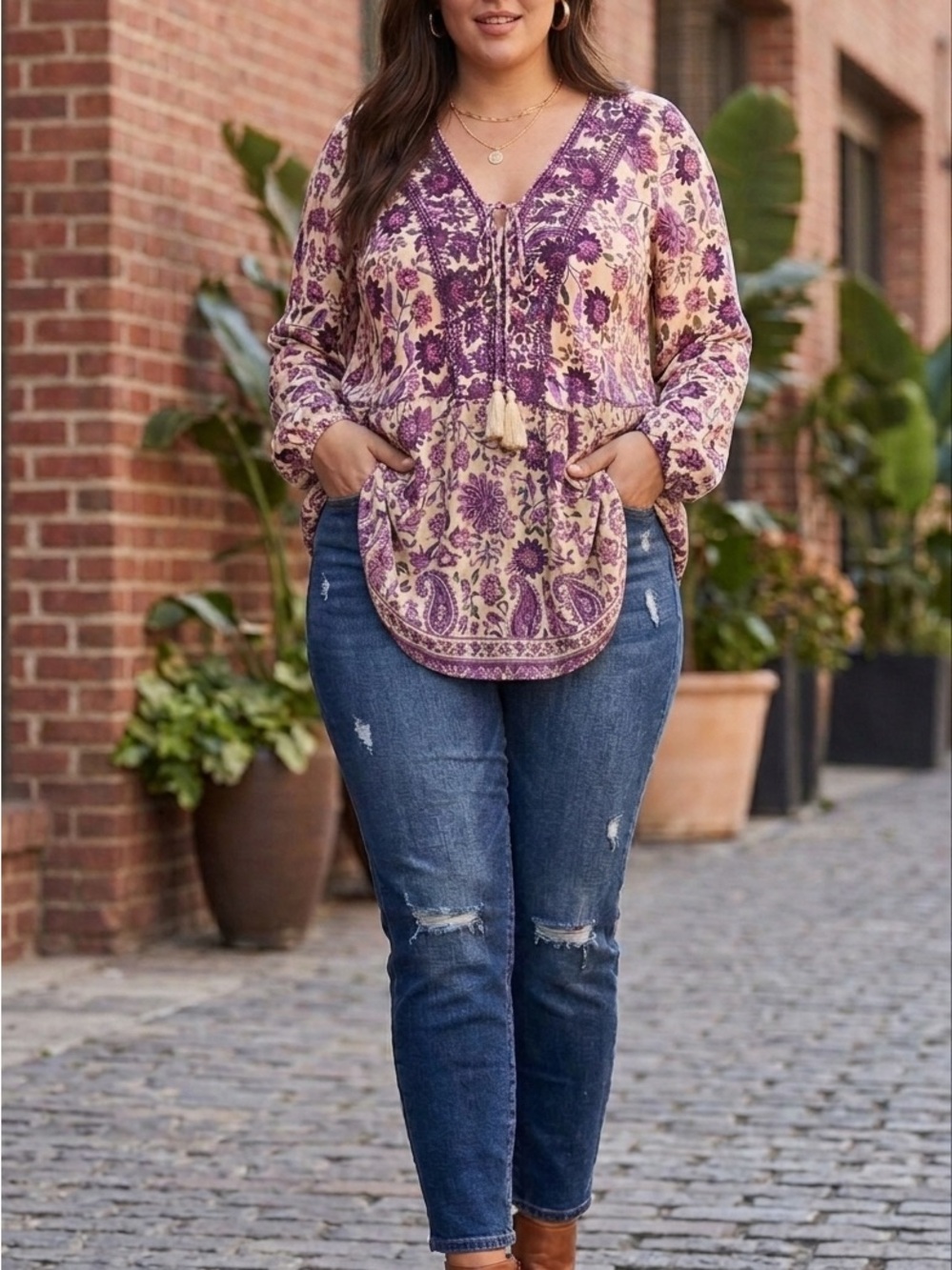 torrid Purple Floral Peasant Blouse with Cream Base